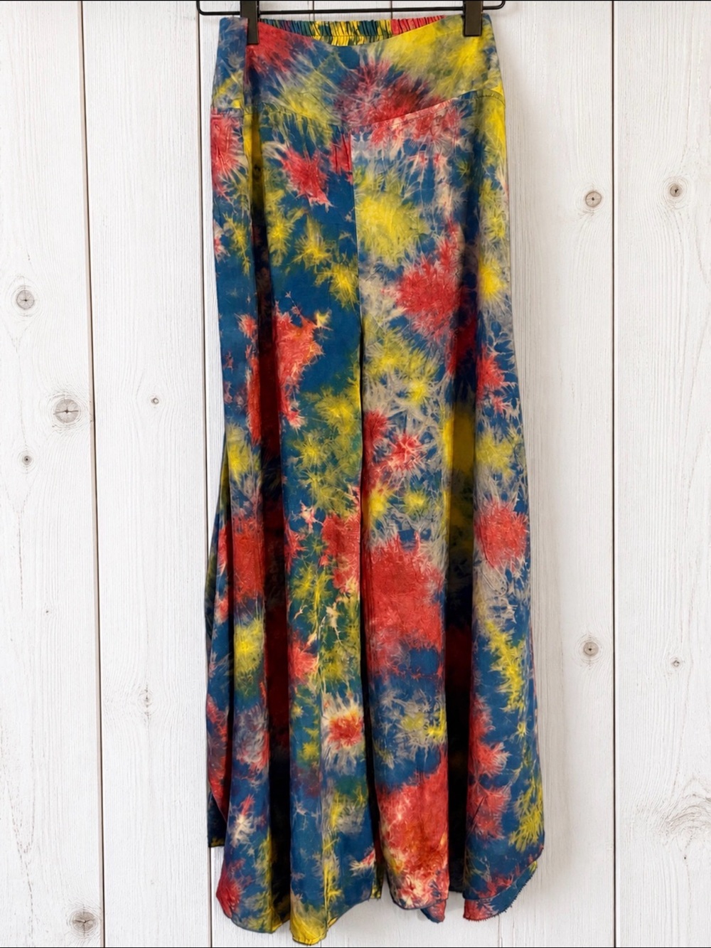 Rhea Jumble Pattern Tie-Dye Pants Blue/Red/Yellow Festival Coastal India OS NWOT